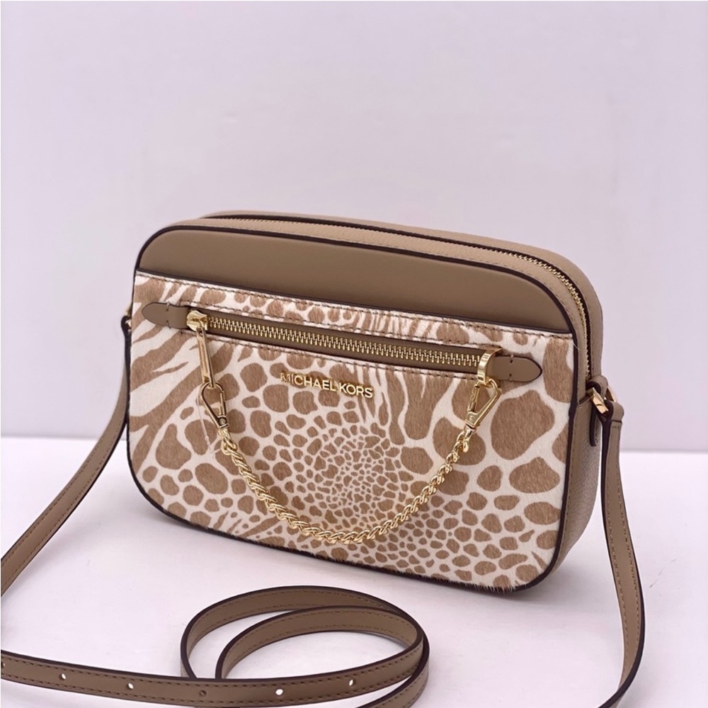 Michael Kors Large EW Zip Chain Crossbody Bag Camel color with real calf hair - Picture 9 of 11